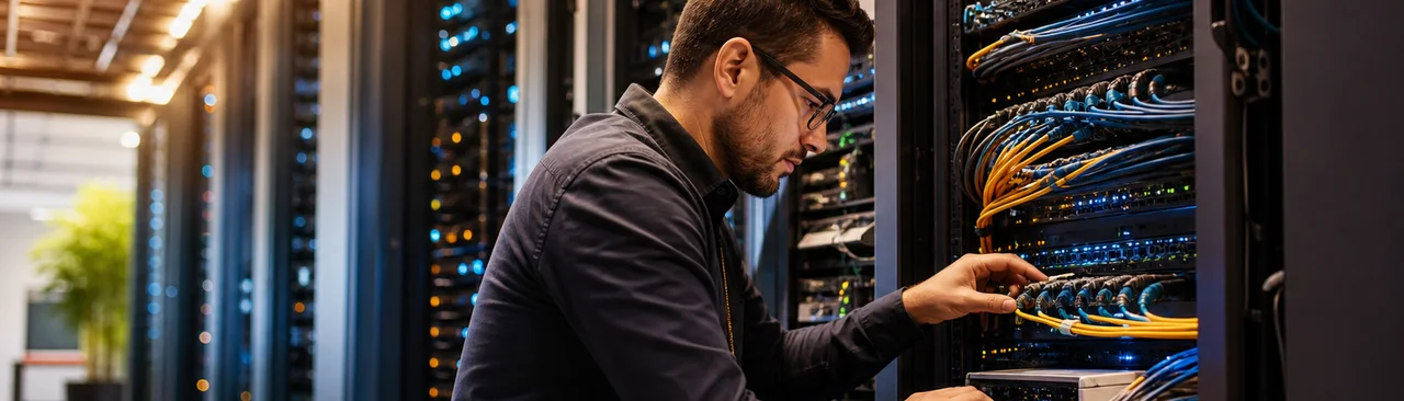 Data center technician working with organized server racks and cabling